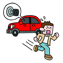 大災害時、車を路肩に止め鍵をそのままにして逃げる人のイラスト