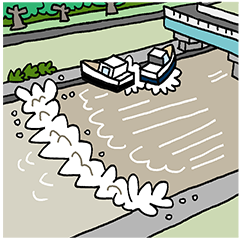 川を遡上する津波のイラスト